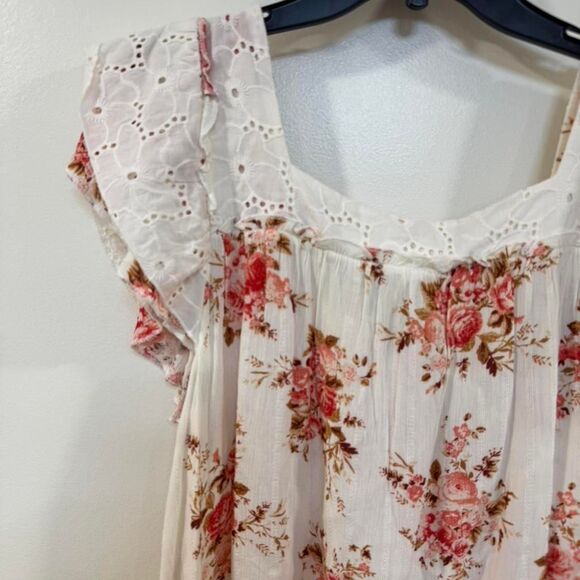 Romantic Cottagecore Floral Eyelet Blouse Large Boho Prairie Flutter Sleeve - Picture 5 of 7